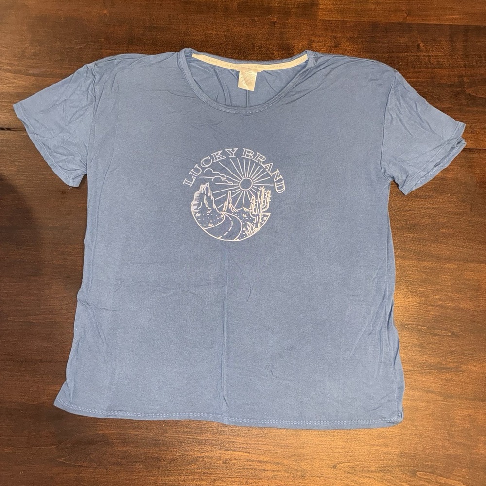 Lucky Brand T Shirt Womens M Blue Graphic Cactus Sun Stretch Short Sleeve
